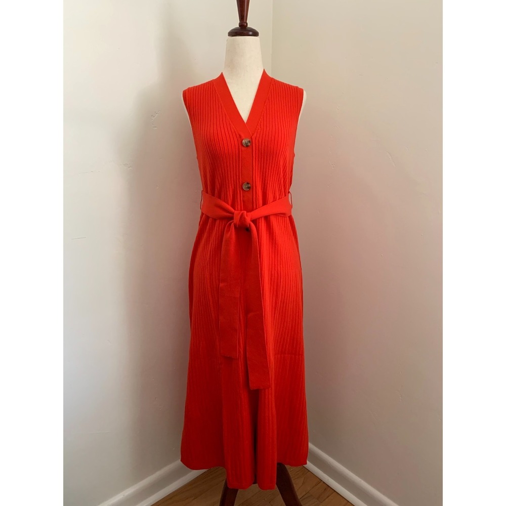 NWT Ann Taylor Belted Sleeveless V-neck Ribbed Sweater Dress PS XS 0 2 4 Orange